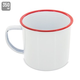 Taza mug estilo retro de metal esmaltado blanco con borde de colores publicitaria